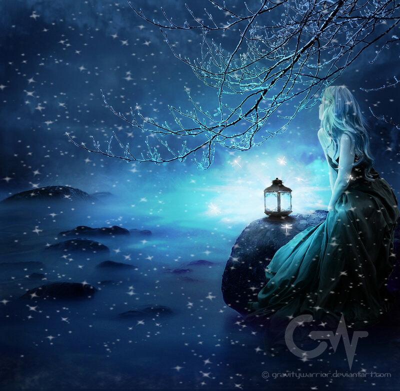 Woman in Blue Dress — Serene, Night, Digital Art, Lantern