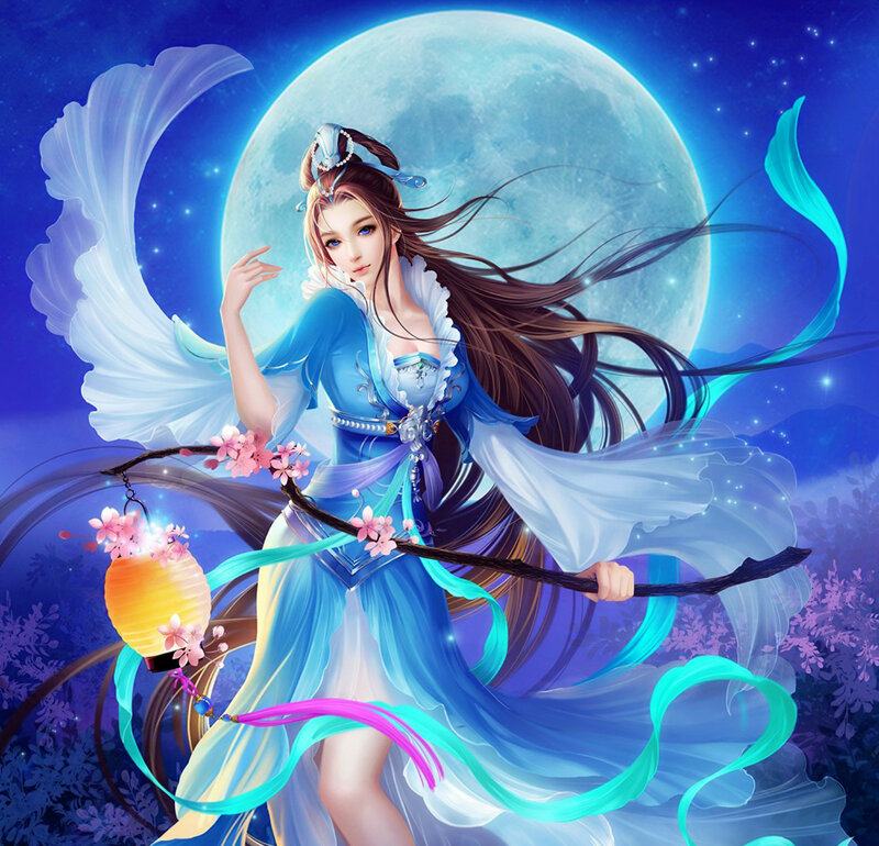Woman in Blue Dress — Serene, Night, Digital Art, Moon, Lantern
