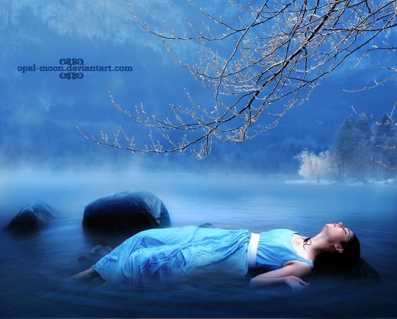 Woman in Blue Dress — Serene, Night, Digital Art, River