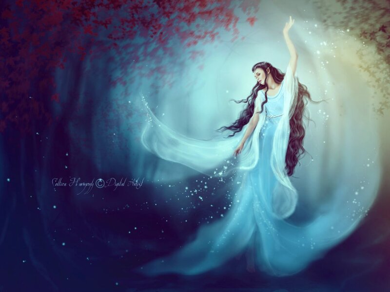 Woman in Blue Dress — Serene, Night, Digital Art, Trees