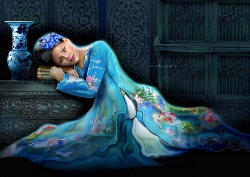 Woman in Blue Dress — Serene, Night, Digital Art, Vase, Flowers
