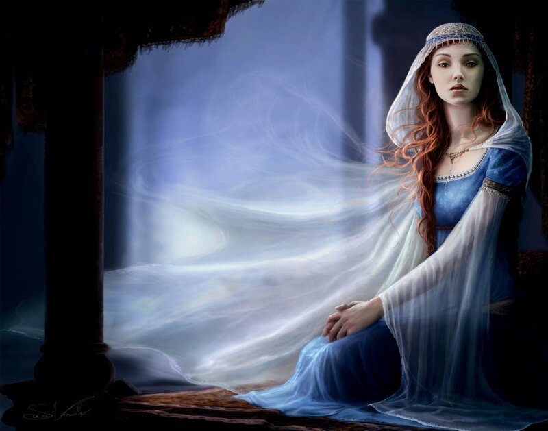 Woman in Blue Dress — Serene, Night, Digital Art, Veil