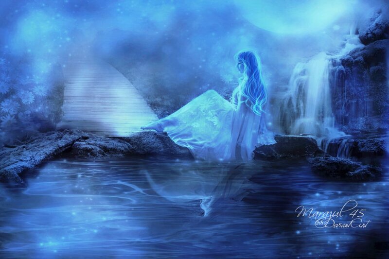 Woman in Blue Dress — Serene, Night, Digital Art, Waterfall