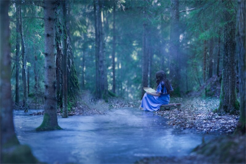 Woman in Blue Dress — Serene, Night, Photograph