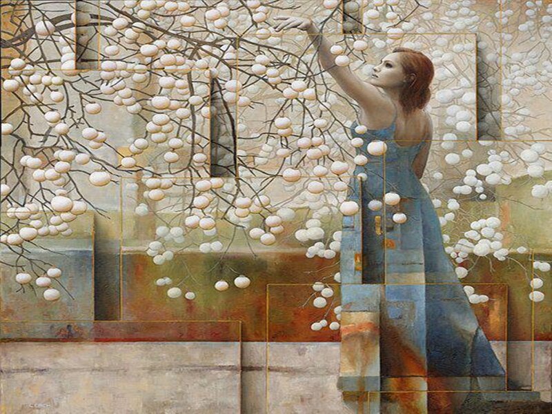 Woman in Blue Dress — Serene, Painting, Tree