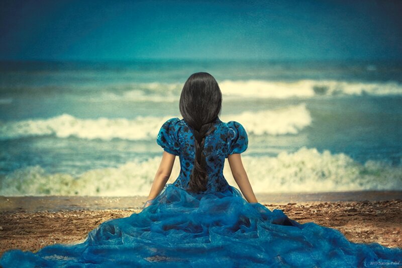 Woman in Blue Dress — Serene, Photograph, Beach