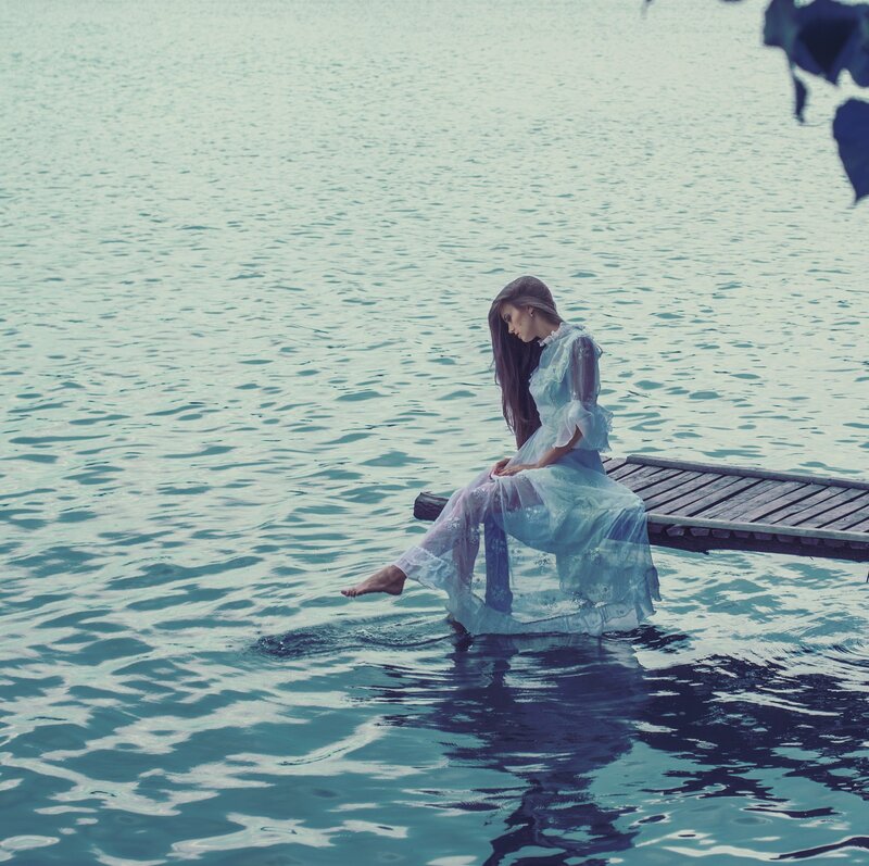 Woman in Blue Dress — Serene, Photograph, Dock