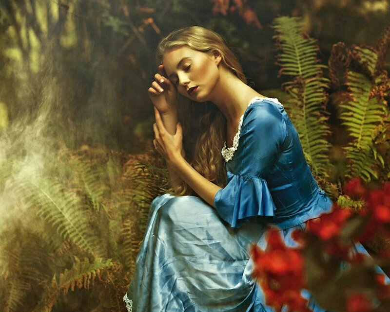 Woman in Blue Dress — Serene, Photograph, Forest, Fern