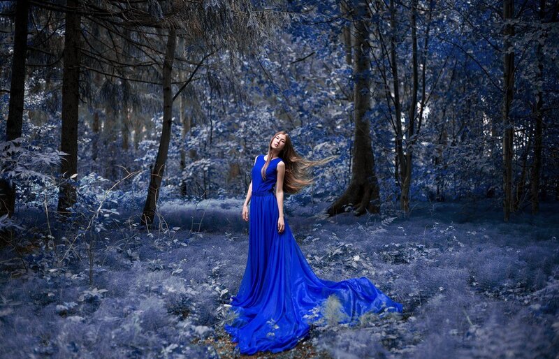 Woman in Blue Dress — Serene, Photograph, Forest