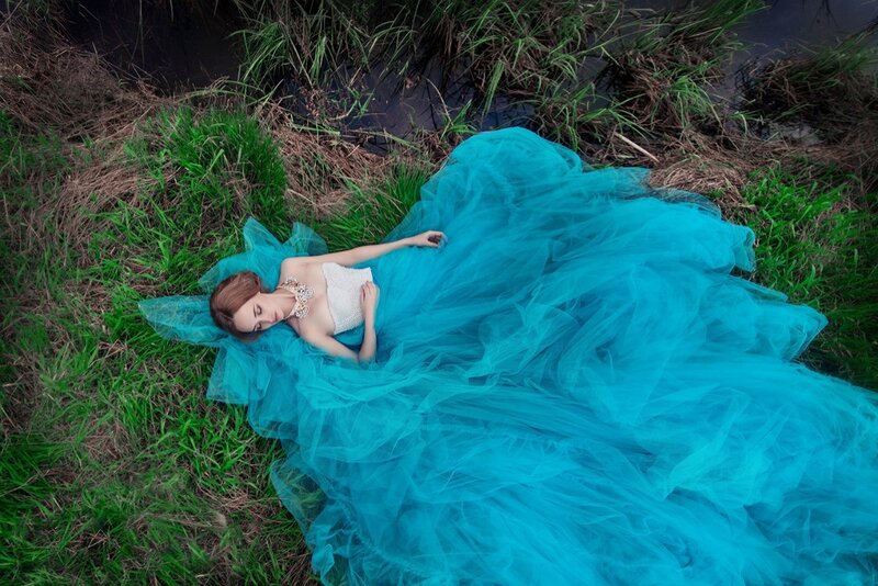 Woman in Blue Dress — Serene, Photograph, Grass
