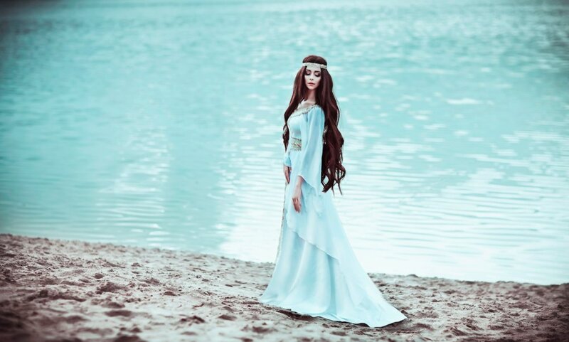 Woman in Blue Dress — Serene, Photograph, Sand