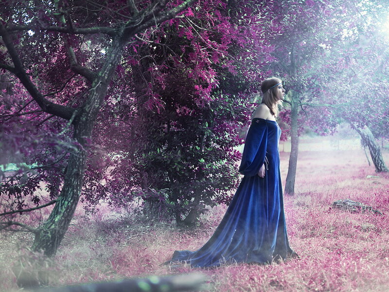 Woman in Blue Dress — Serene, Photograph, Trees