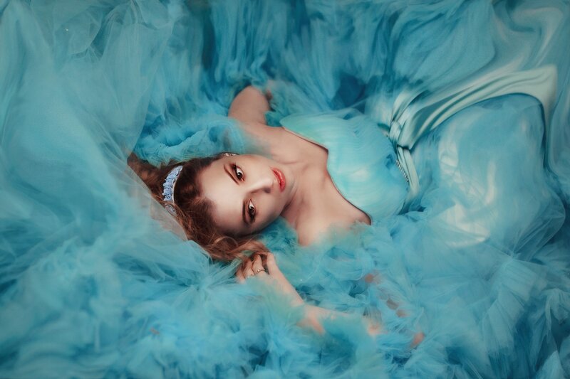 Woman in Blue Dress — Serene, Photograph, Tulle Fabric