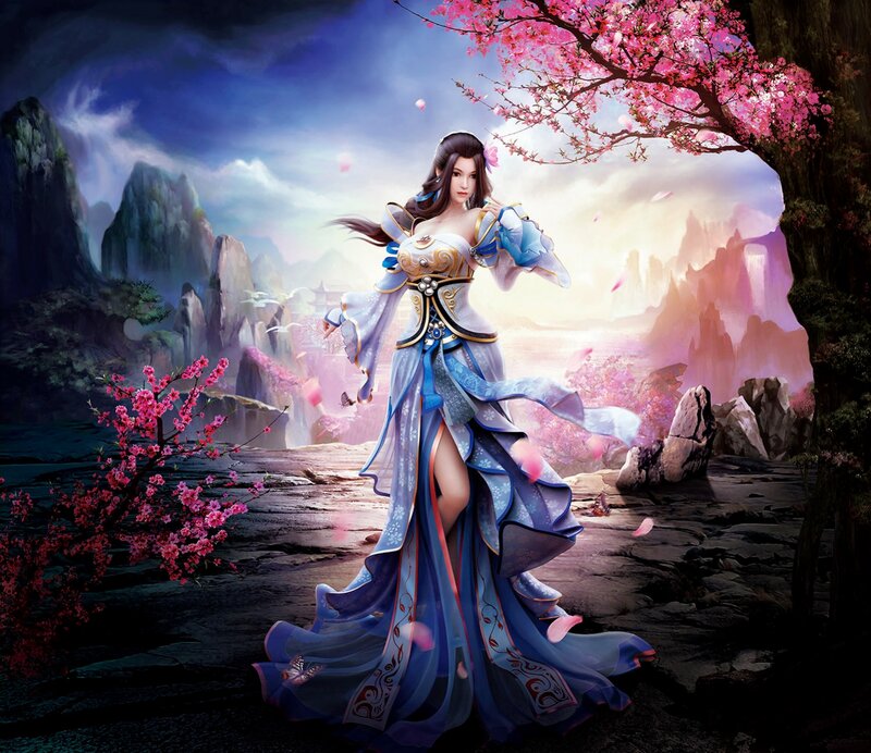 Woman in Blue Dress — Serene, Spring, Digital Art, Cherry Blossoms