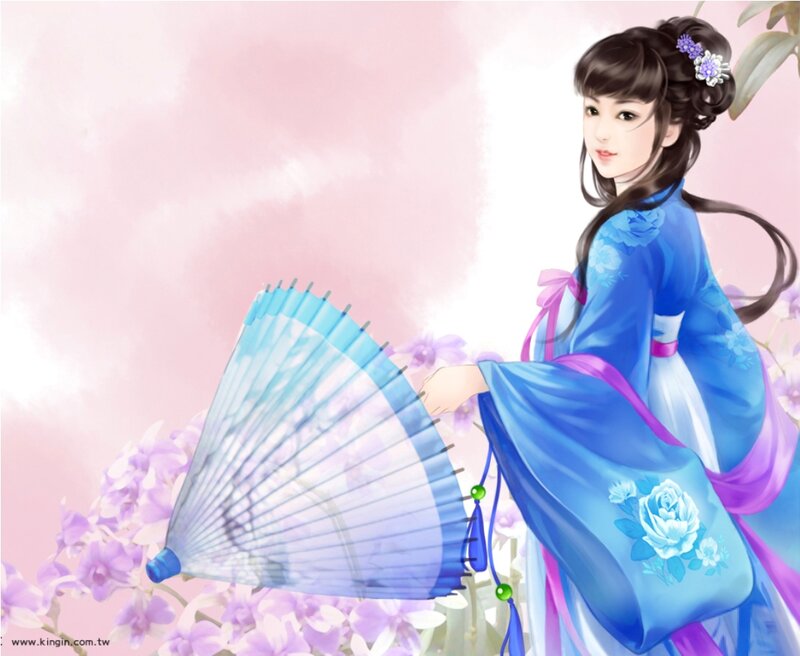 Woman in Blue Dress — Serene, Spring, Digital Art, Fan