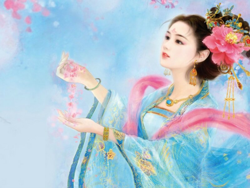 Woman in Blue Dress — Serene, Spring, Digital Art, Flowers