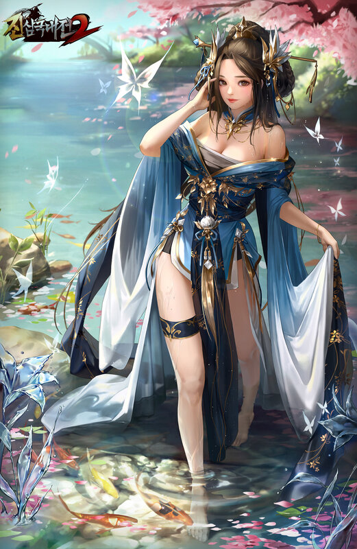 Woman in Blue Dress — Serene, Spring, Digital Art, Koi Fish