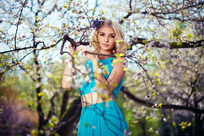 Woman in Blue Dress — Serene, Spring, Photograph, Flowering Tree, Branches