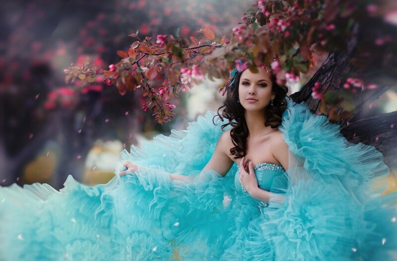 Woman in Blue Dress — Serene, Spring, Photograph, Flowering Tree