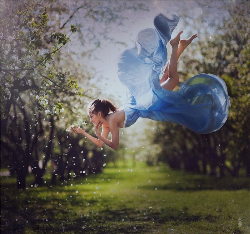 Woman in Blue Dress — Serene, Spring, Photograph, Flowering Trees, Grass
