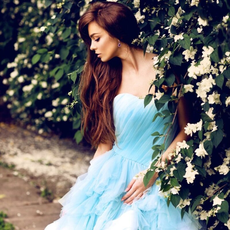 Woman in Blue Dress — Serene, Spring, Photograph, Flowers, Greenery