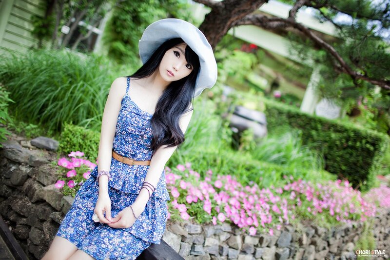 Woman in Blue Dress — Serene, Summer, Photograph, Hat