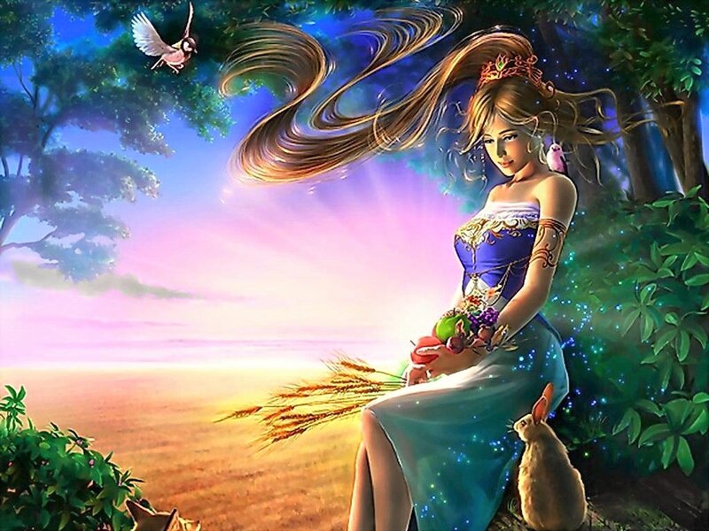 Woman in Blue Dress — Serene, Sunset, Digital Art, Bird, Rabbit