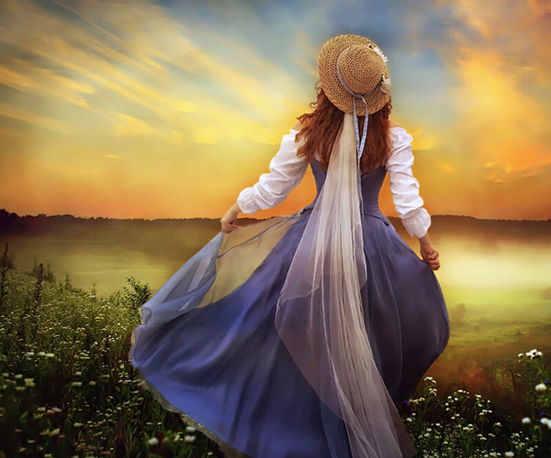 Woman in Blue Dress — Serene, Sunset, Digital Art, Hat