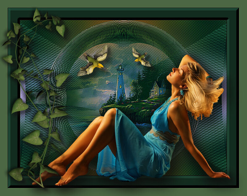 Woman in Blue Dress — Serene, Sunset, Digital Art, Lighthouse