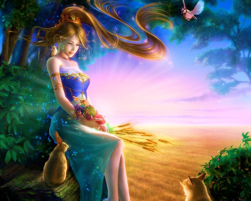Woman in Blue Dress — Serene, Sunset, Digital Art, Rabbit, Bird