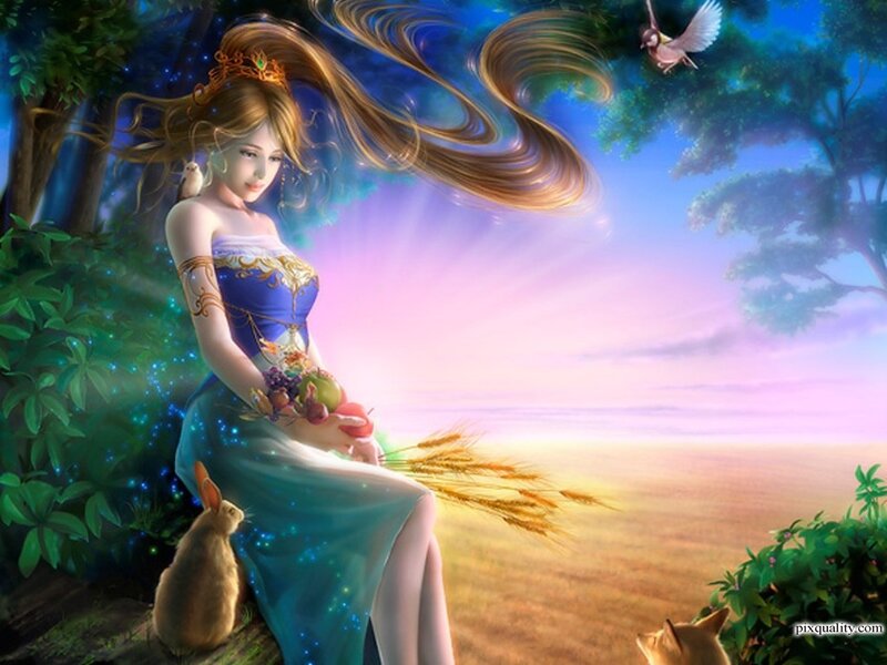 Woman in Blue Dress — Serene, Sunset, Digital Art, Rabbit