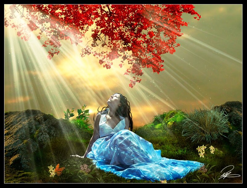 Woman in Blue Dress — Serene, Sunset, Digital Art, Red Tree