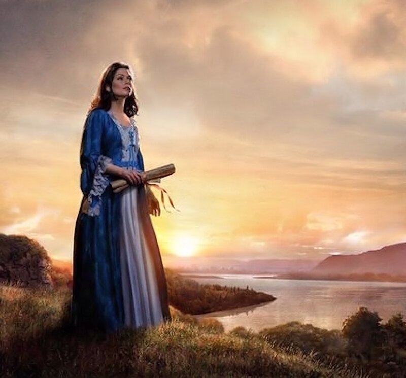 Woman in Blue Dress — Serene, Sunset, Digital Art, River