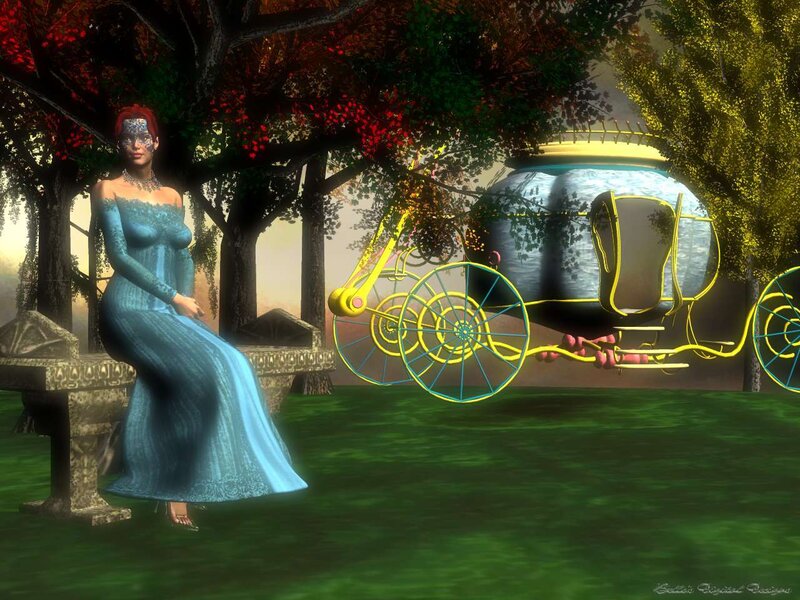 Woman in Blue Dress — Serene, Sunset, Digital Art