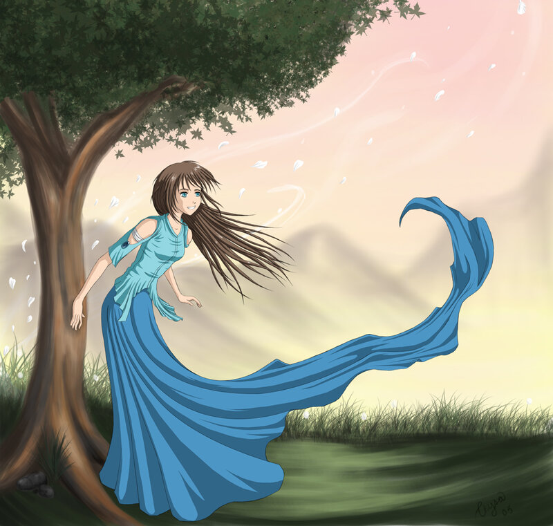 Woman in Blue Dress — Serene, Sunset, Digital Art, Tree