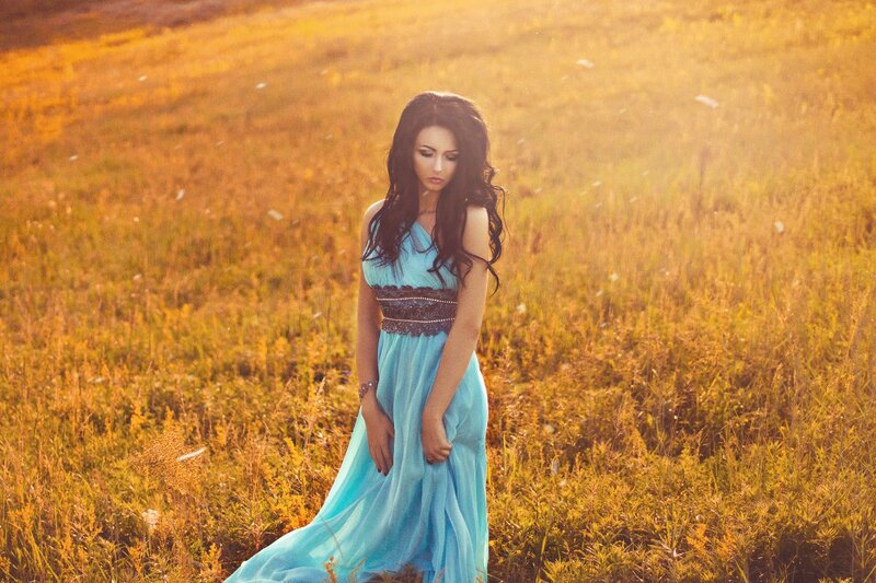Woman in Blue Dress — Serene, Sunset, Photograph, Field
