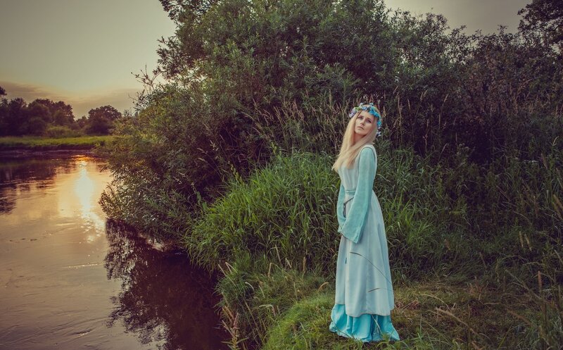 Woman in Blue Dress — Serene, Sunset, Photograph, River