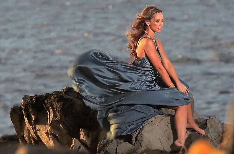 Woman in Blue Dress — Serene, Sunset, Photograph, Rocks, Ocean