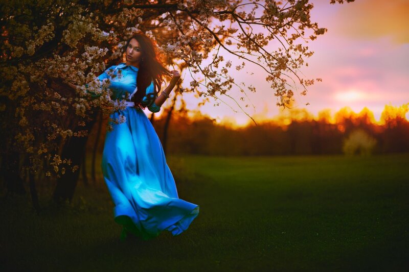 Woman in Blue Dress — Serene, Sunset, Photograph, Tree