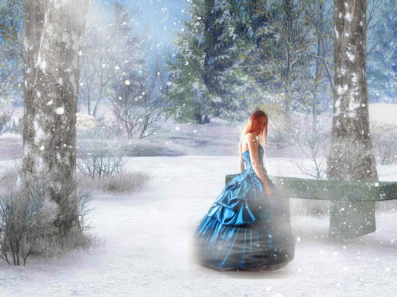Woman in Blue Dress — Serene, Winter, Digital Art