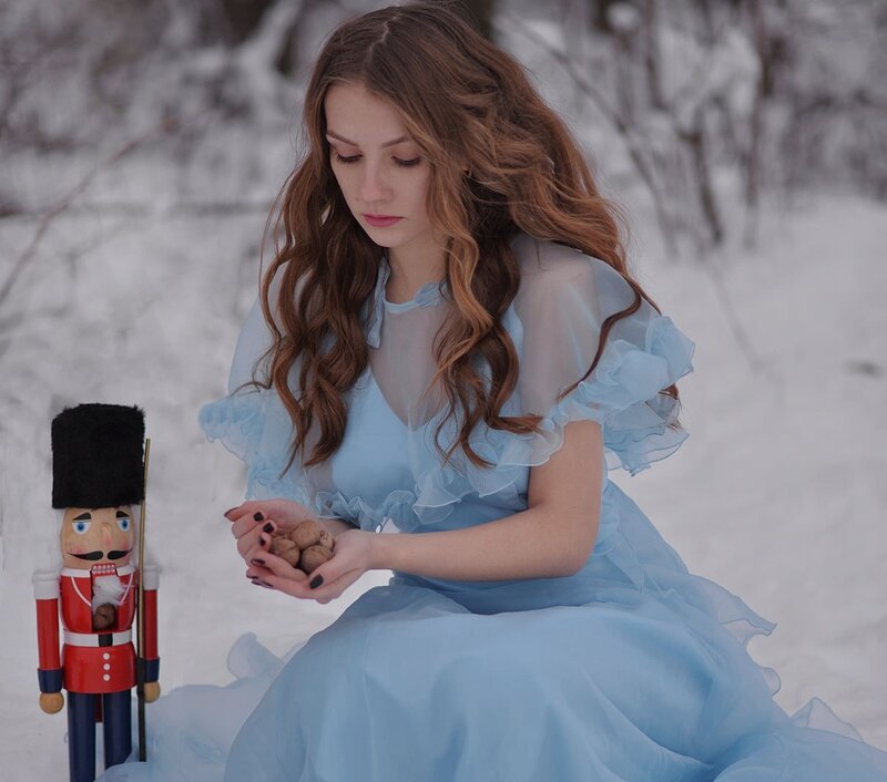 Woman in Blue Dress — Serene, Winter, Photograph, Nutcracker, Snow