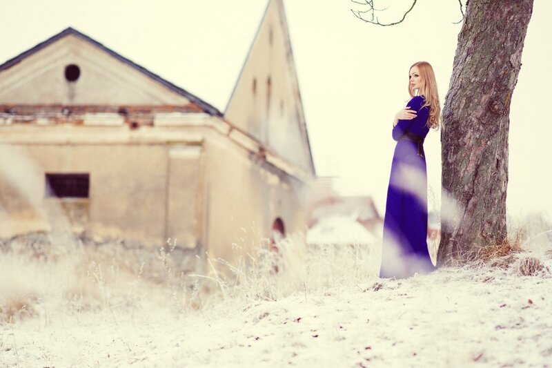 Woman in Blue Dress — Serene, Winter, Photograph, Tree
