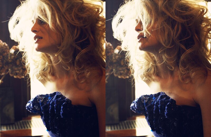 woman in blue dress with blonde hair