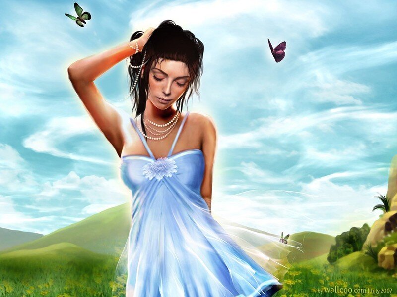 Woman in blue dress with butterflies