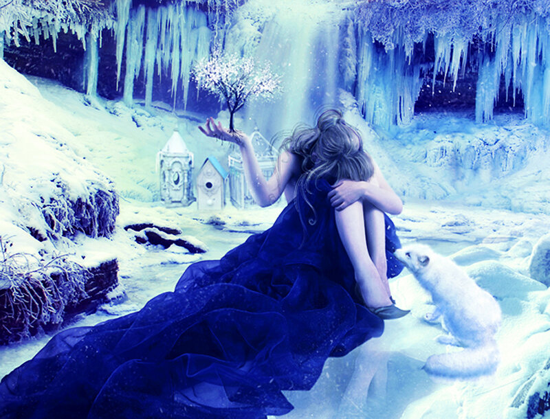 woman in blue dress with fox