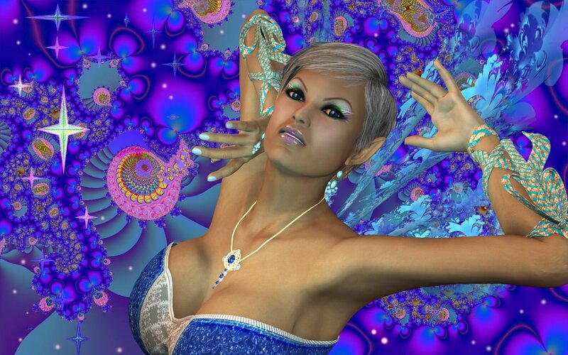 woman in blue dress with fractal background