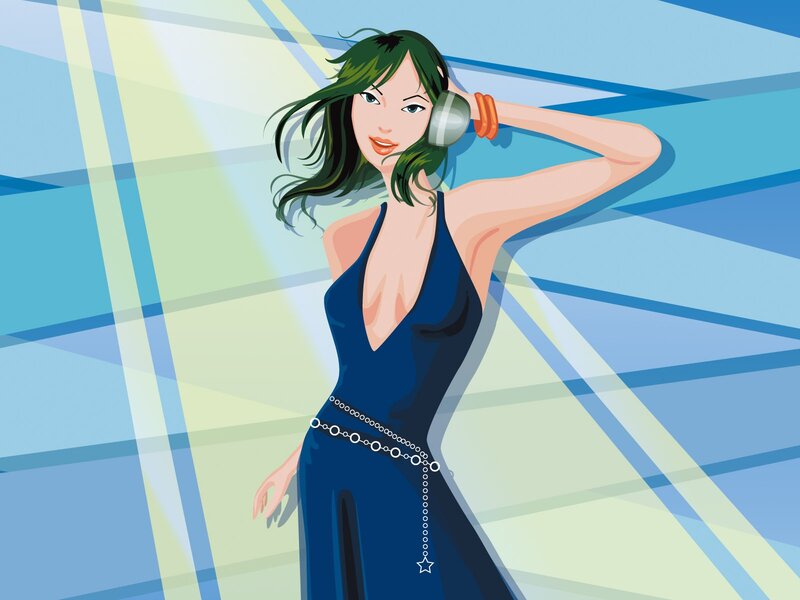 woman in blue dress with headphones