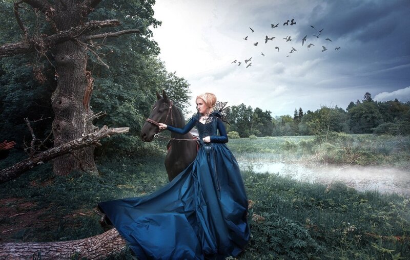 Woman in Blue Dress with Horse — Dramatic, Afternoon