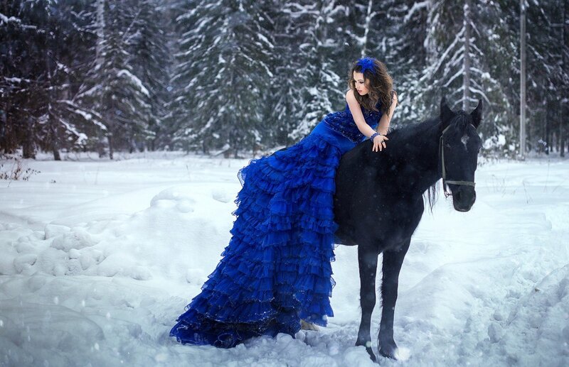 Woman in Blue Dress with Horse — Dramatic, Winter