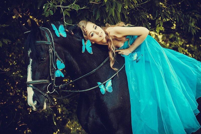 Woman in Blue Dress with Horse — Dreamy